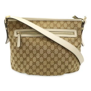 GUCCI GG Canvas Shoulder Bag, Leather, Khaki Beige, White, 388930